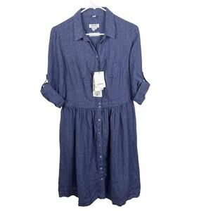 NEW Malvin Size M 100% Linen Blue Button Front Lagenlook Dress W/ Pockets